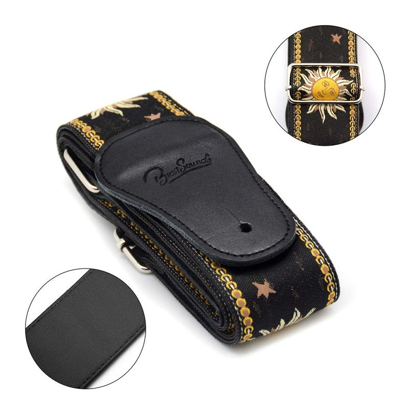 BestSounds C-150 Leather Adjustable Guitar Strap, Sun Jacquard Weave For Bass Electric and Acoustic Guitars, Black - Image 2